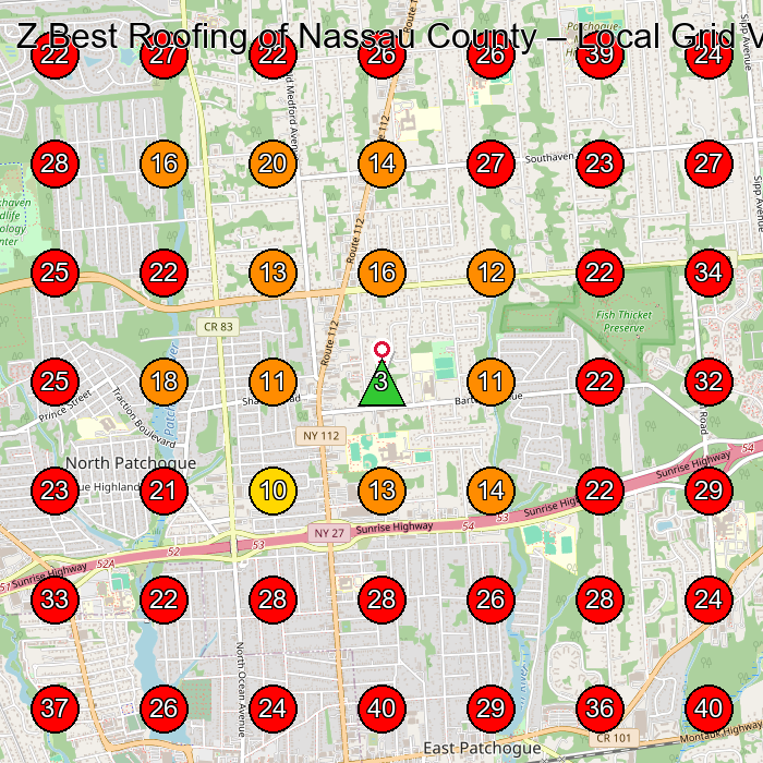 Z Best Roofing of Nassau County GeoGrid visibility map for Roofing Contractor in Medford